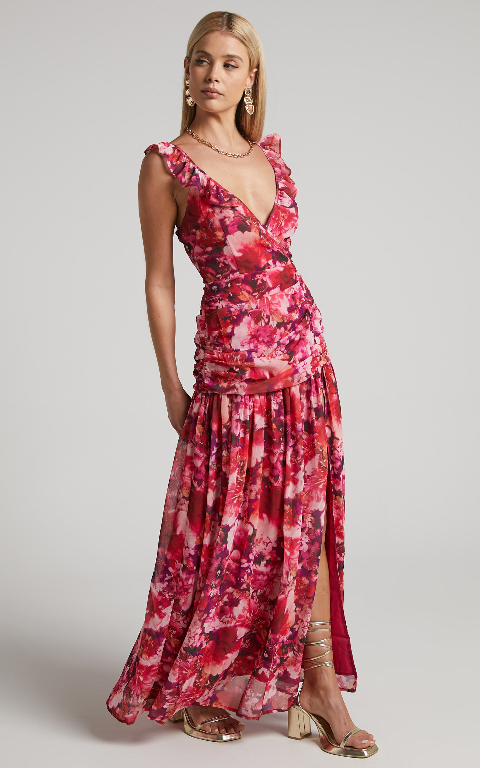 Jilliane Maxi Dress - Ruched Thigh Split Dress in Fuchsia Frenzy - 06, MLT1