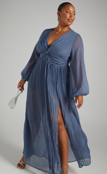 Alona Long Sleeve Twist Front Pleated Maxi Dress in Steel Blue