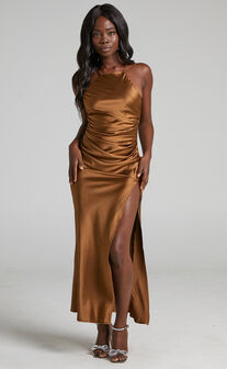 Malornan High Neck Ruched Maxi Dress in Toffee
