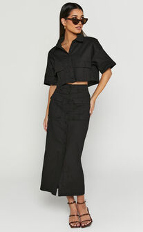 Davina Two Piece Set - Button Front Top and Midaxi Skirt Set in Black