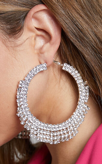 Sima Earrings - Diamante Oversized Hoop Earrings in Silver Diamante