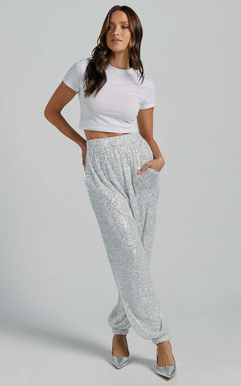 Kendrick Pant - Elasticated High Waist Sequin Jogger in Silver
