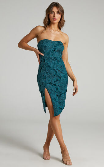 Lace To Lace Midi Dress - Strapless Bodycon Dress in Emerald Lace