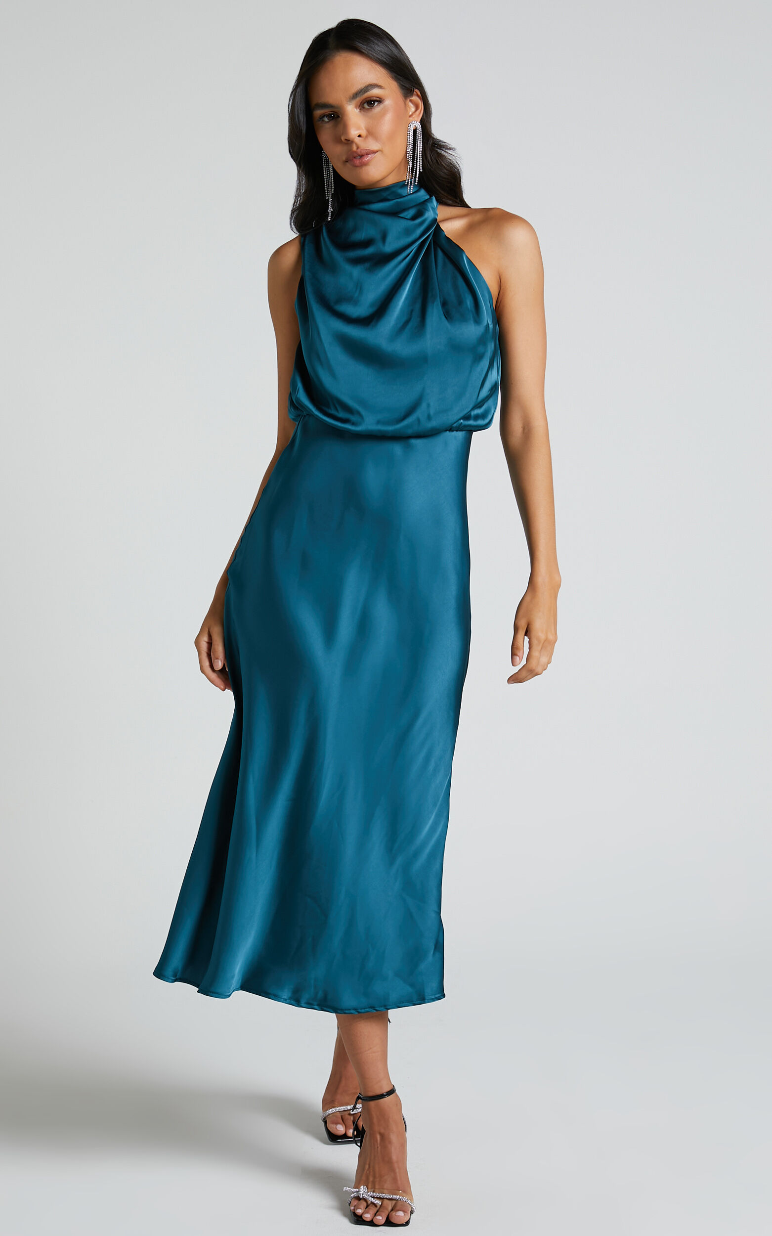 Minnie Midi Dress - Drape Neck Satin Slip Dress in Teal - 06, GRN5, super-hi-res image number null