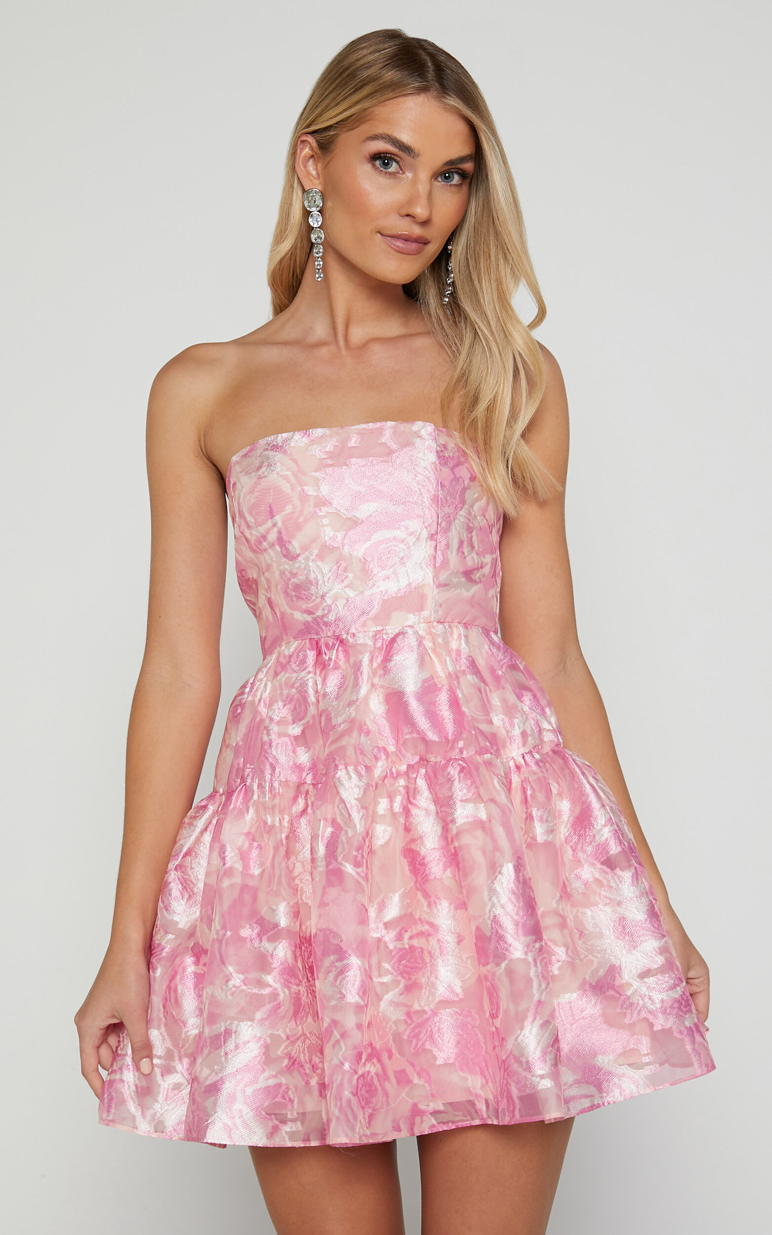 Lettie Mini Dress - Strapless Tiered Hem Dress in Pink - 06, PNK1