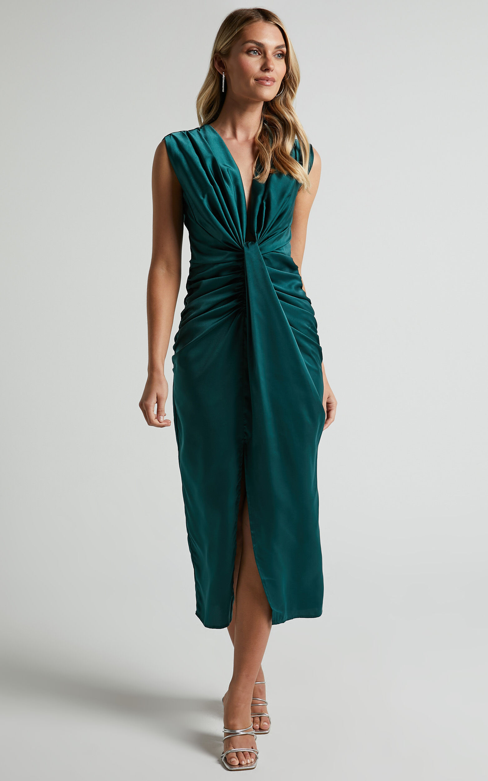 Nolana Midi Dress - Plunge Knot Detail Dress in Emerald Green - 06, GRN1