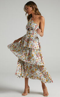 Caro One Shoulder Tiered Midi Dress in Multi Floral