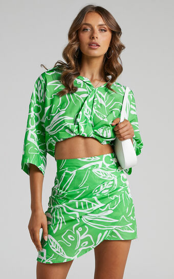 Clarrie Crop Top and Mini Wrap Skirt Two Piece Set in Green/White