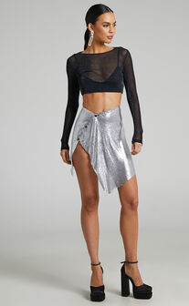 Charity Asymmetrical Mesh Mini Skirt in Silver