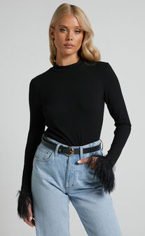 Feolla Long Sleeve Top - Rib Top with Faux Feather Trim in Black