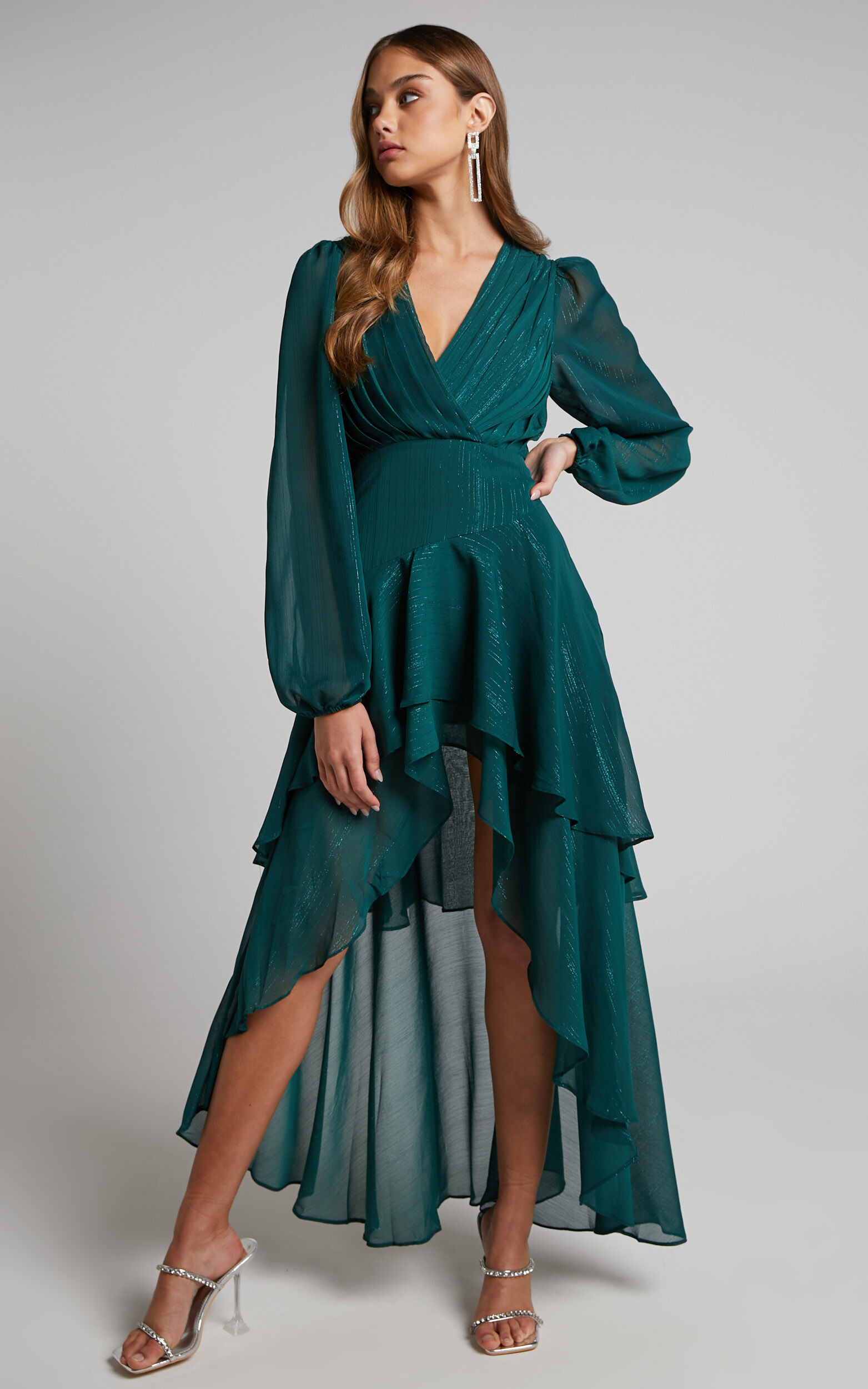 Claudita Midaxi Dress - Long Sleeve High Low Hem Dress in Emerald - 04, GRN1