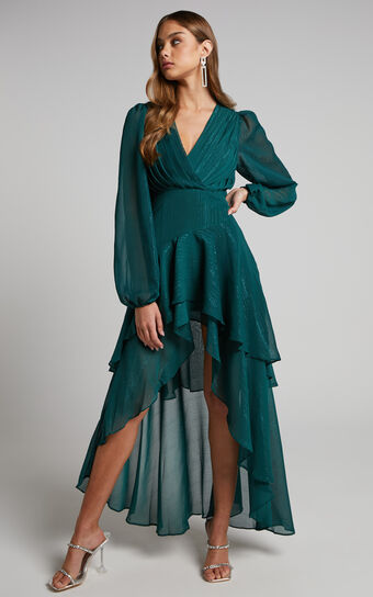 Claudita Midaxi Dress - Long Sleeve High Low Hem Dress in Emerald