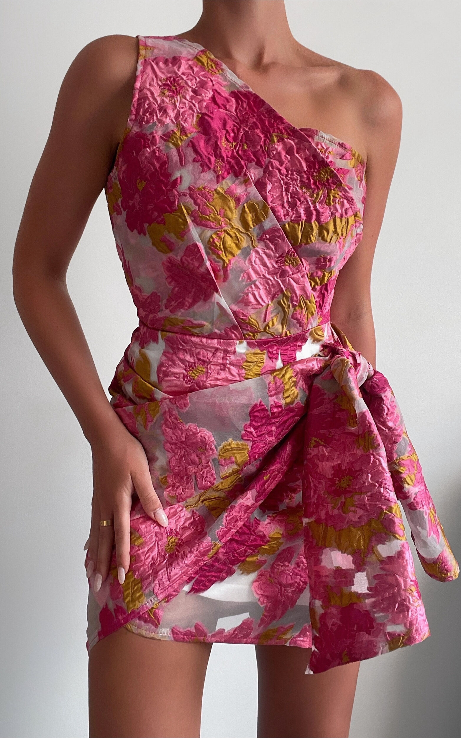 Hailey Mini Dress - One Shoulder Dress in Pink Floral - 06, PNK2