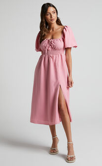 Yanet Shirred Puff Sleeve Midi Dress in Dusty Pink