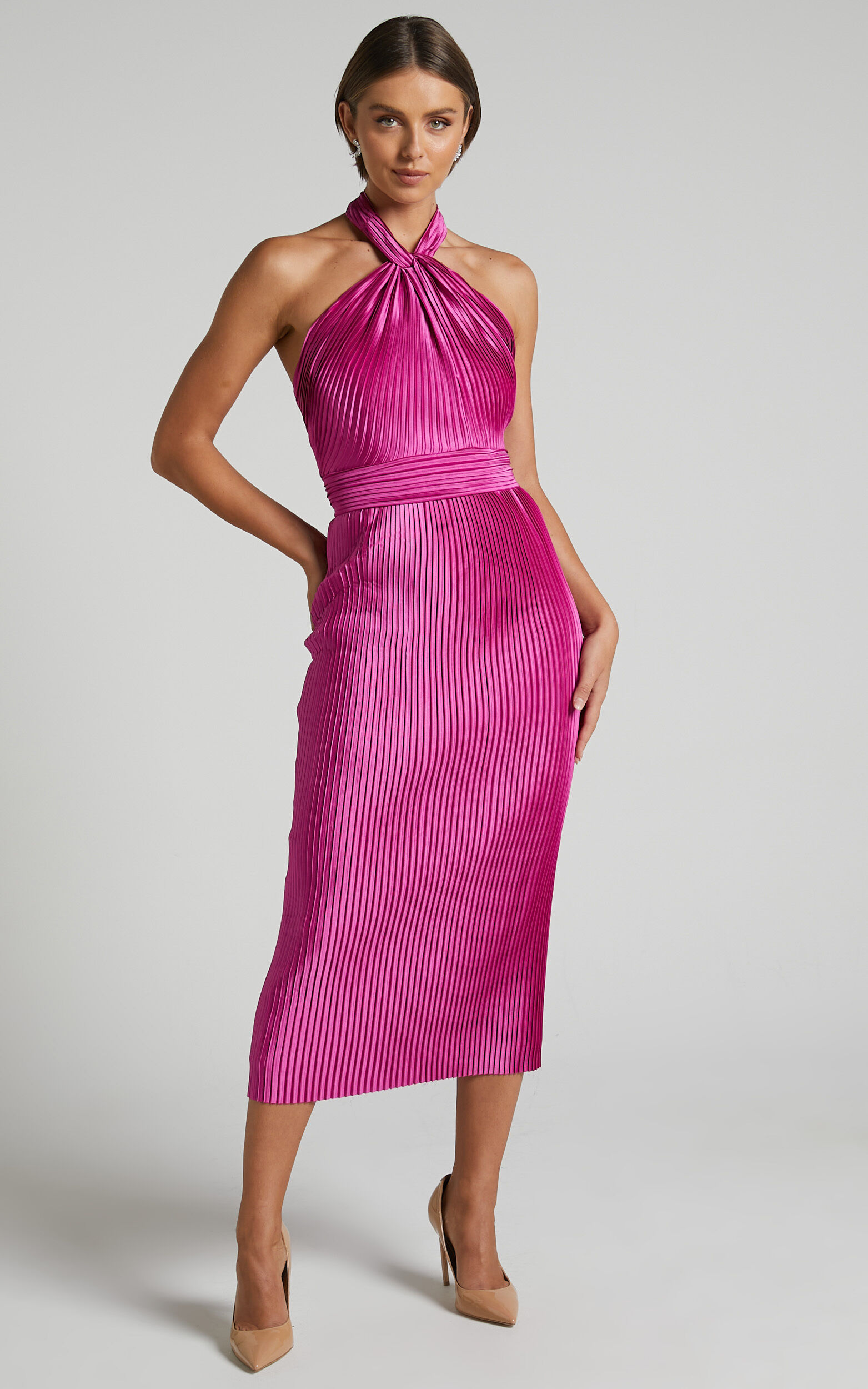 Marlette Midi Dress - Pleated Open Back Halter Dress in Grape - 04, PRP1
