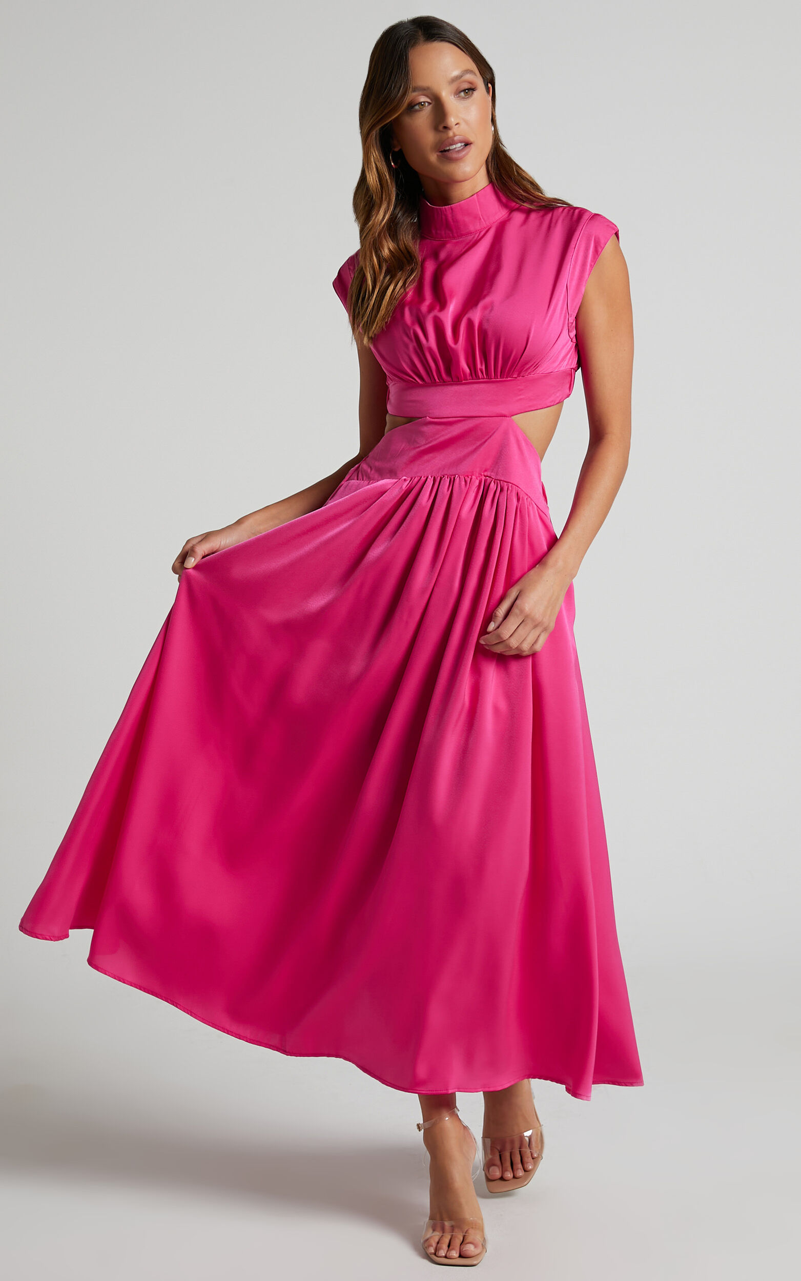 Natalyah Midi Dress - Mock Neck Cut Out Gathered Dress in Pink - 06, PNK1