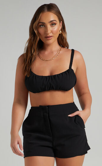 Jacynthia Ruched Crop Top and Tailored Short Set in Black