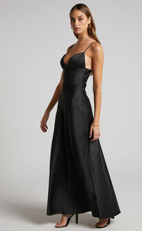 Cariela Midi Dress - Plunge Neck Satin Dress in Black