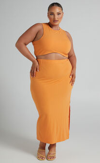 Dayla Ribbed Crop Top and Side Split Midi Skirt Two Piece Set in Sherbet