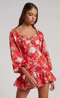 Viveca Mini Dress - Balloon Sleeve Twist Front Dress in Rosie Floral