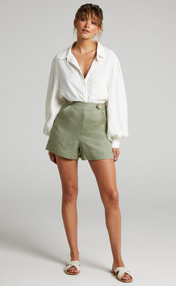 Amalie The Label - Branwen Linen Button Waist Tailored Shorts in Sage