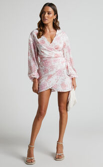 Ebielle Wrap Front Long Sleeve Mini Dress in Pastel Spring Floral
