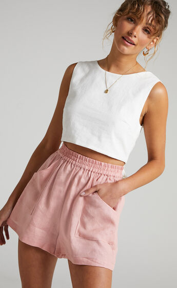 Amalie The Label - Indrissy Linen Elasticated Loose Fit Shorts in Dusty Pink