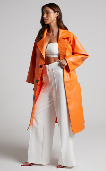Birdie Trench Coat - Faux Leather Longline Coat in Orange