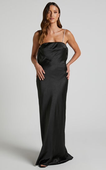 Arichie Maxi Dress - Cowl Back Diamante Strap Satin Dress in Black