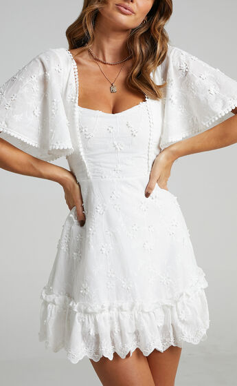 Fancy A Spritz Square Neck Mini Dress in White Embroidery