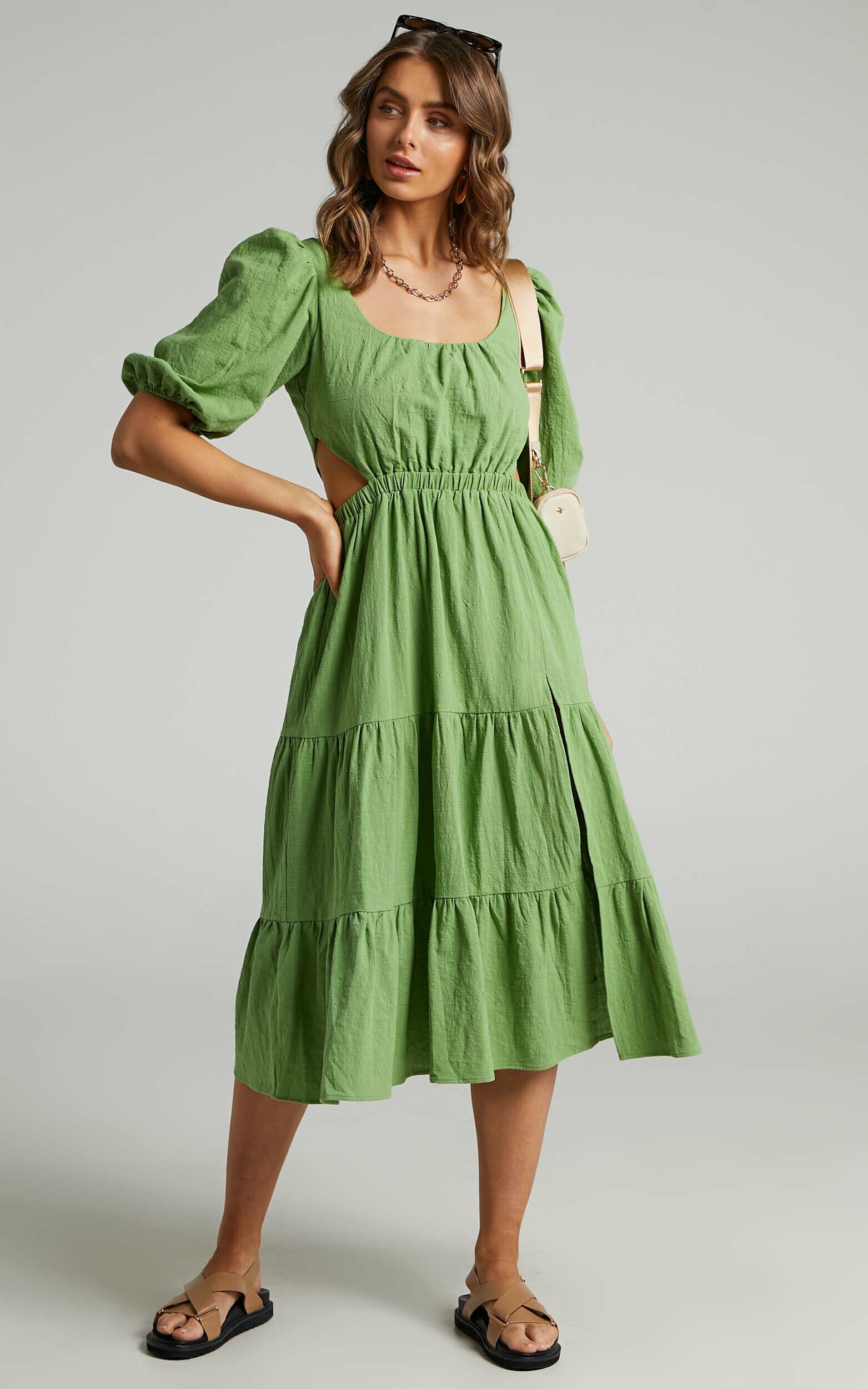 Ianthea Cut Out Tiered Midi Dress in Green | Showpo