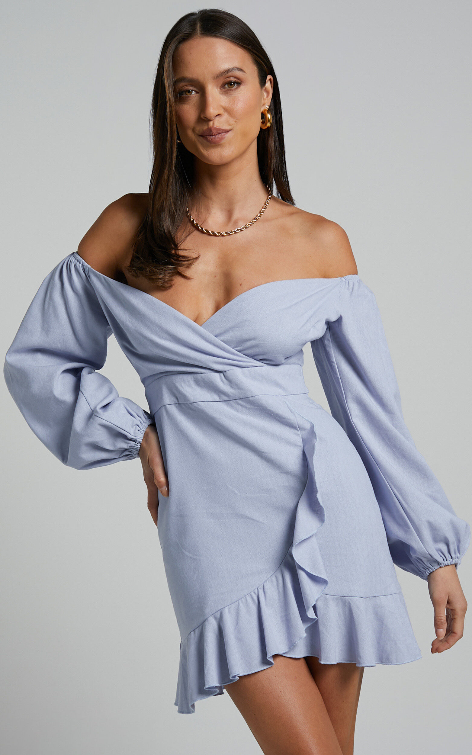 Cant Move On Off The Shoulder Mini Dress In Powder Blue Linen Look ...