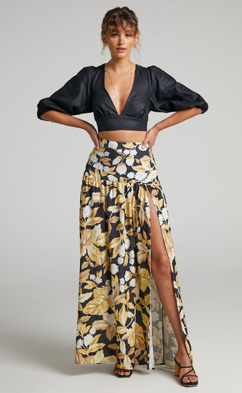 Amalie The Label - Athena Linen Side Split Maxi Skirt in Black Floral