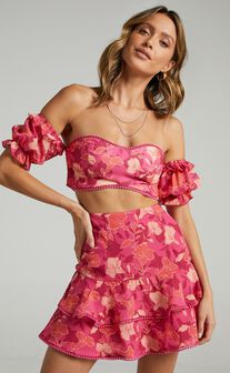 Final Resort Two Piece Ruffle Sleeve Mini Set in Berry Floral