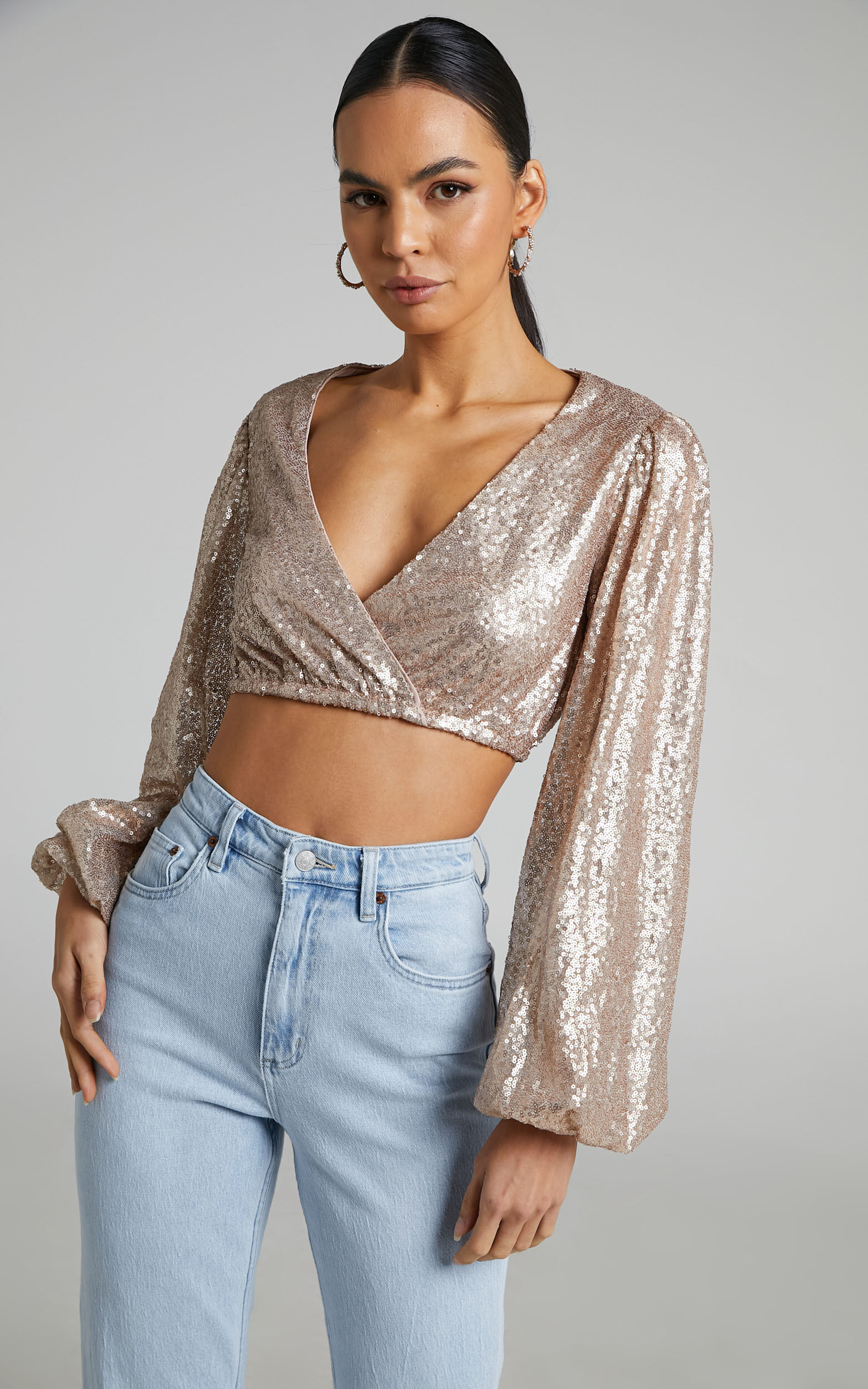 Looma Sequin Long Sleeve Crop Top in Champagne - 06, GLD1, super-hi-res image number null