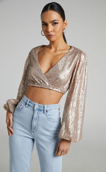 Looma Sequin Long Sleeve Crop Top in Champagne