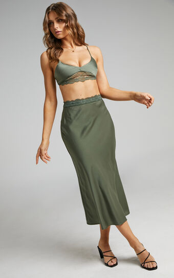 Vallia Lace Trim Satin Two Piece Set in Olive