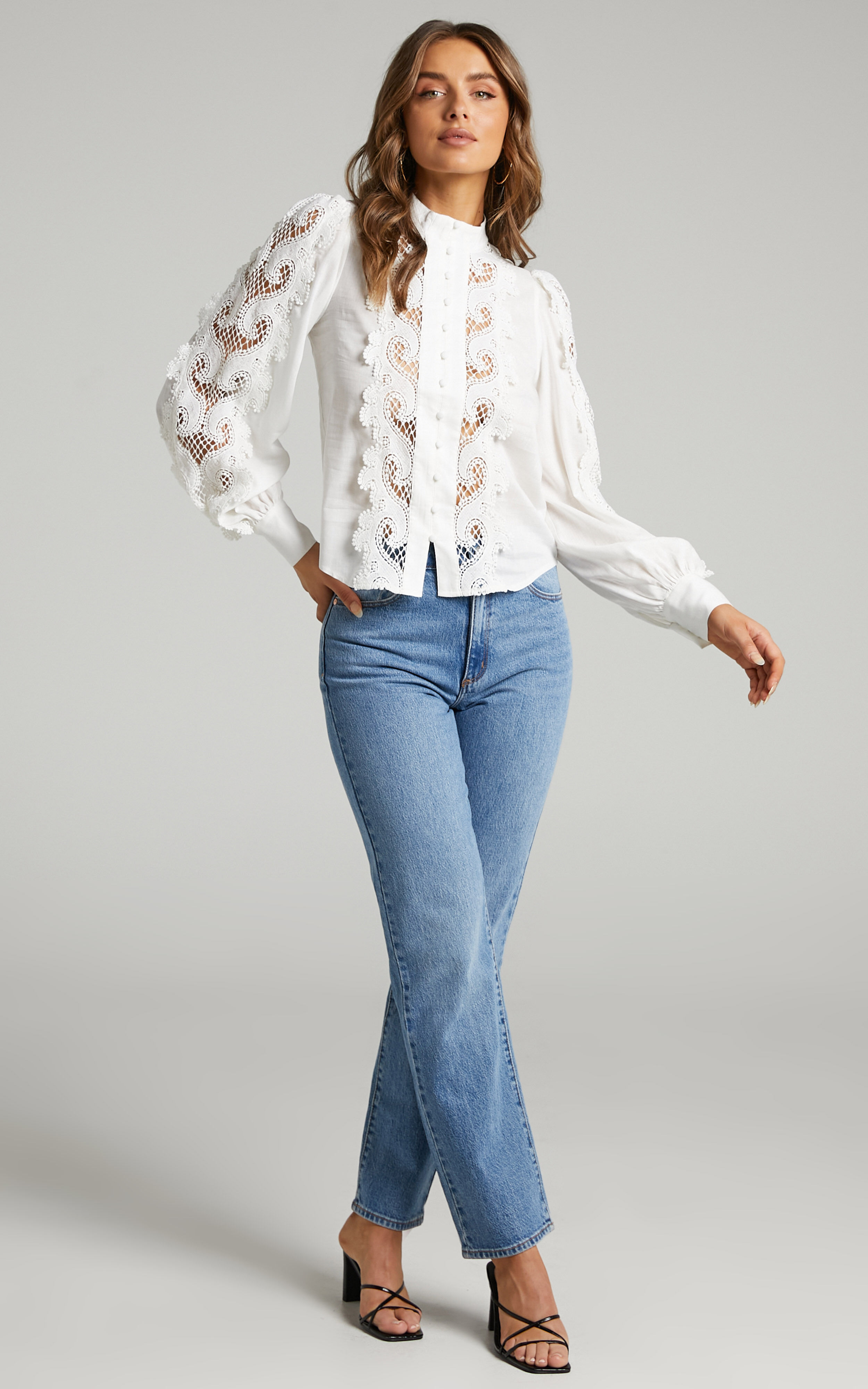 Belissa Lace Trim High Neck Blouse in White - 06, WHT1, super-hi-res image number null