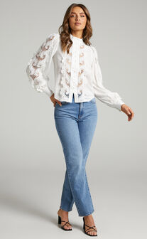 Belissa Lace Trim High Neck Blouse in White