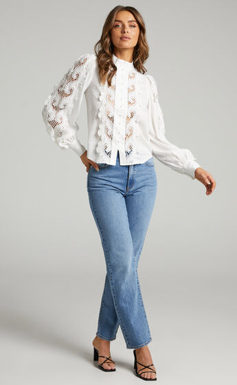 Belissa Lace Front Blouse with High Neck Collar in White