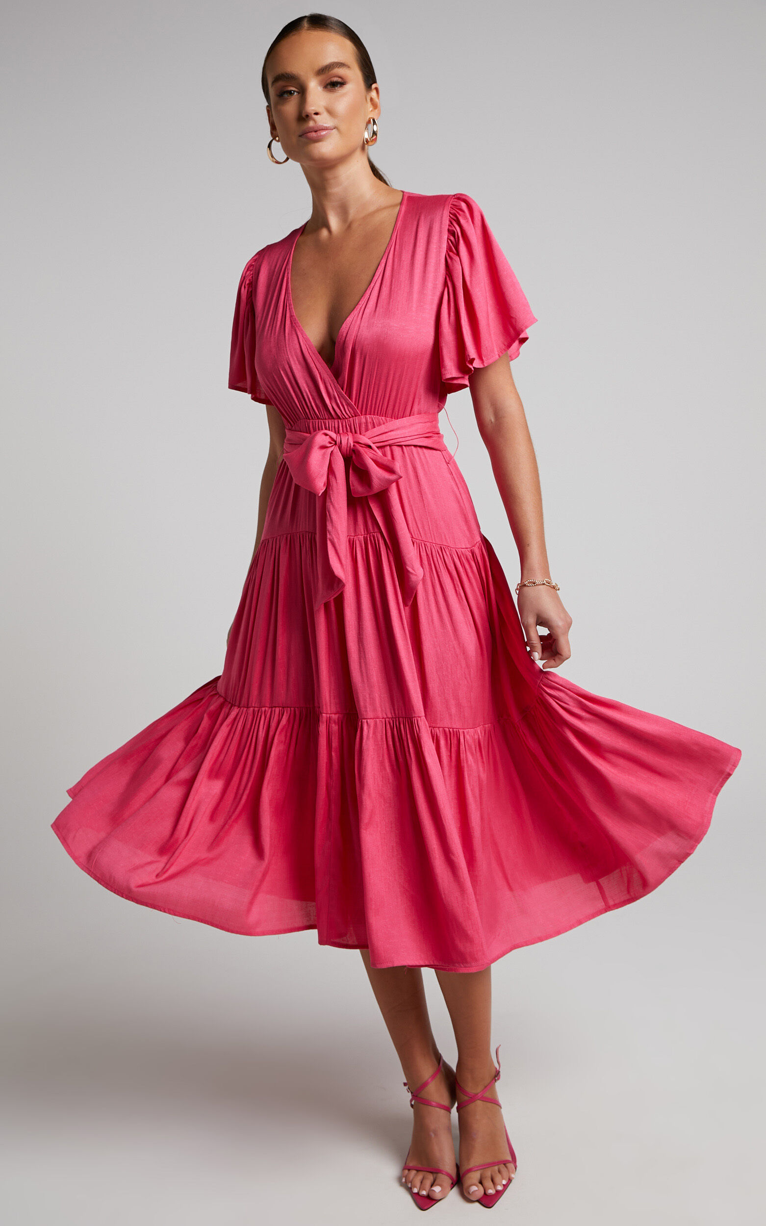 Marielle Midi Dress - Wrap Bodice Tiered Belted Dress in Pink - 06, PNK1, super-hi-res image number null