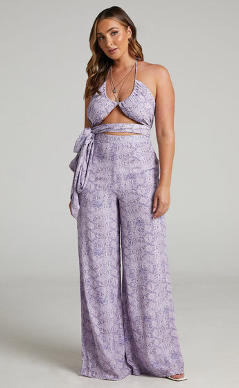 Khaji Scarf Top with Halter in Lilac Snake Print