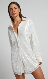 Gween Satin Detail Sequin Shirt Dress in White