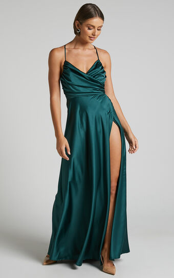 Chastine Ruched Bodice Front Wrap Satin Ball Gown in Emerald