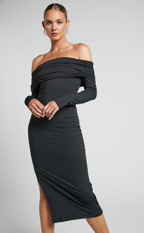 Ermalen Midi Dress - Folded Off Shoulder Long Sleeve Dress in Black
