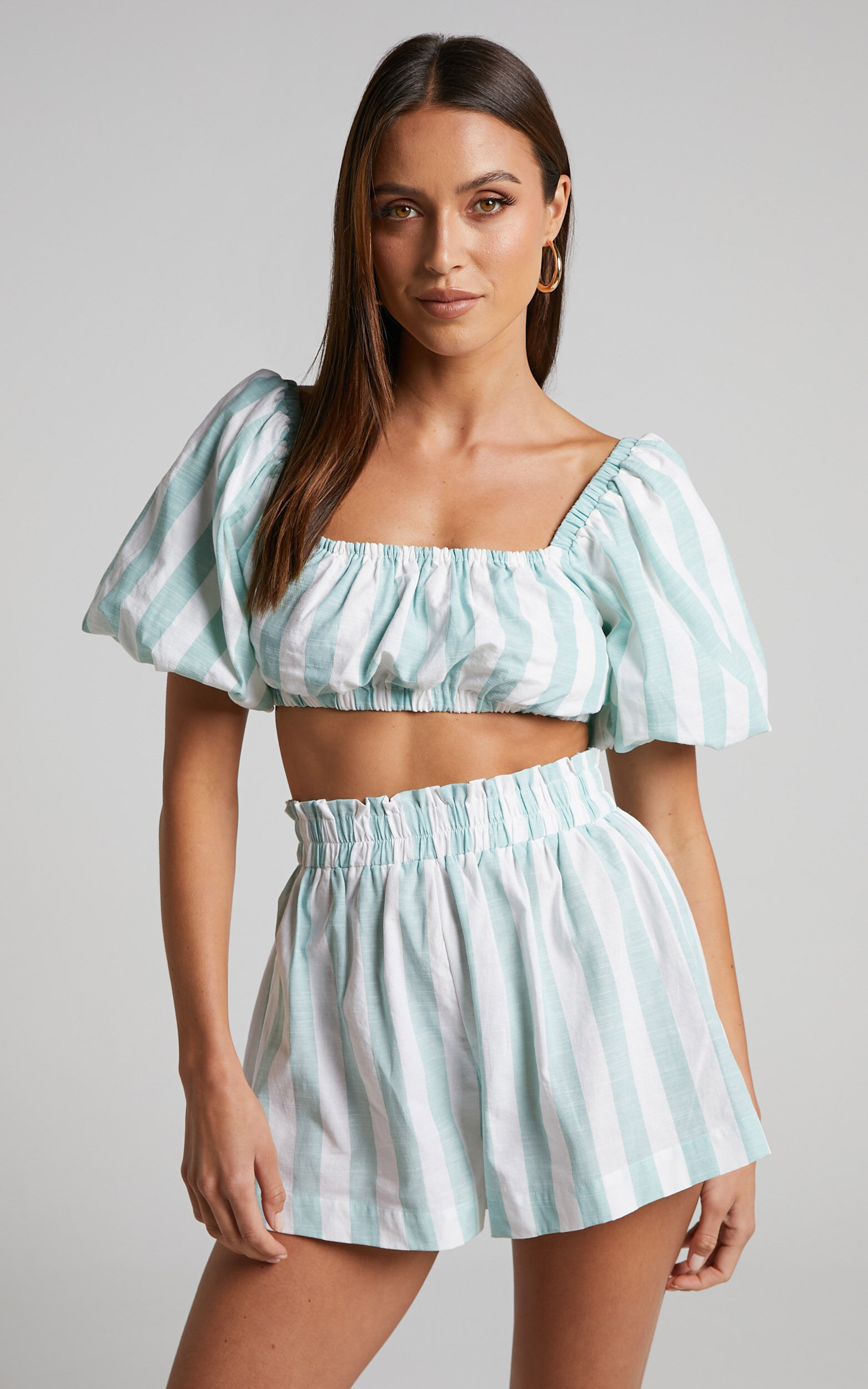 Sahle Top - Striped Puff Sleeve Crop Top in Mint - 06, GRN2