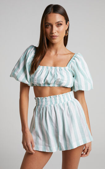 Sahle Top - Striped Puff Sleeve Crop Top in Mint