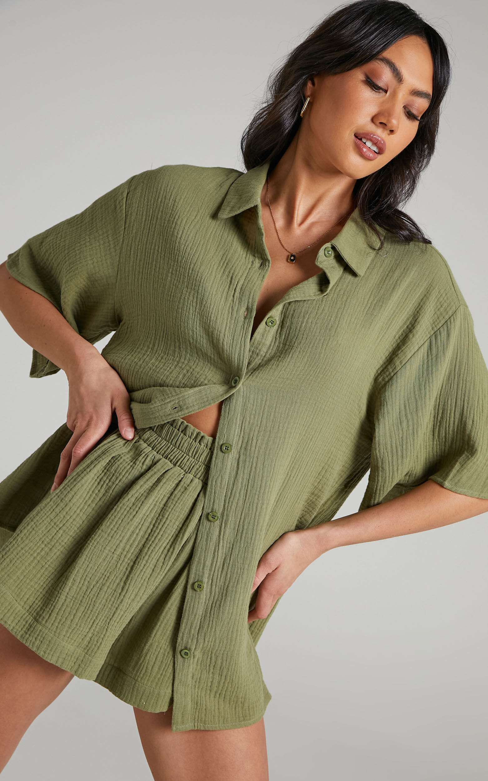 Atom Oversized Button Up Shirt in Khaki - 06, GRN1, super-hi-res image number null