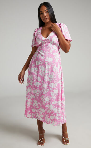 Ranella Button Front Midi Dress in Pink Floral