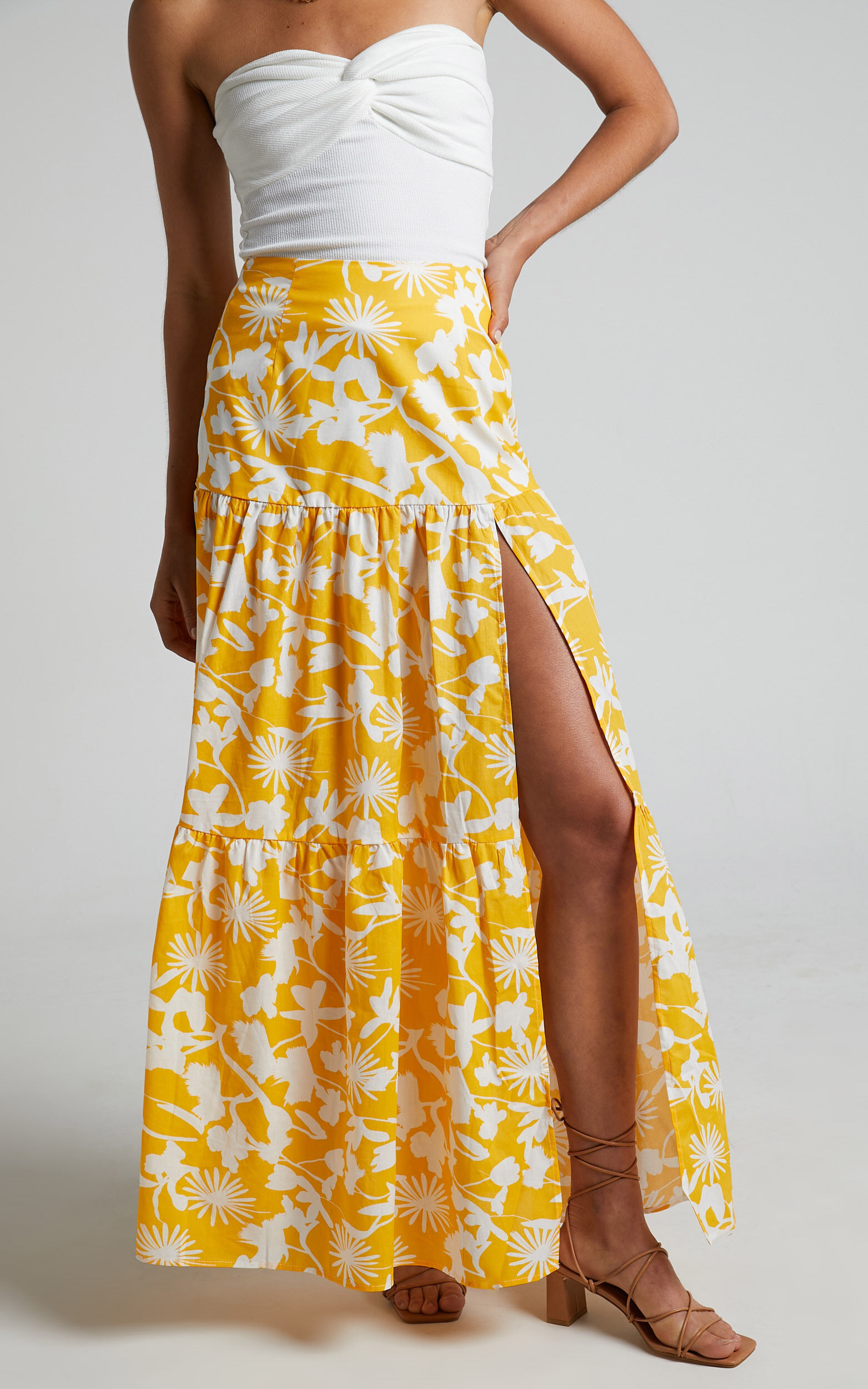 Evita Maxi Skirt - Drop Waist Thigh Split Tiered Skirt in Yellow Floral |  Showpo